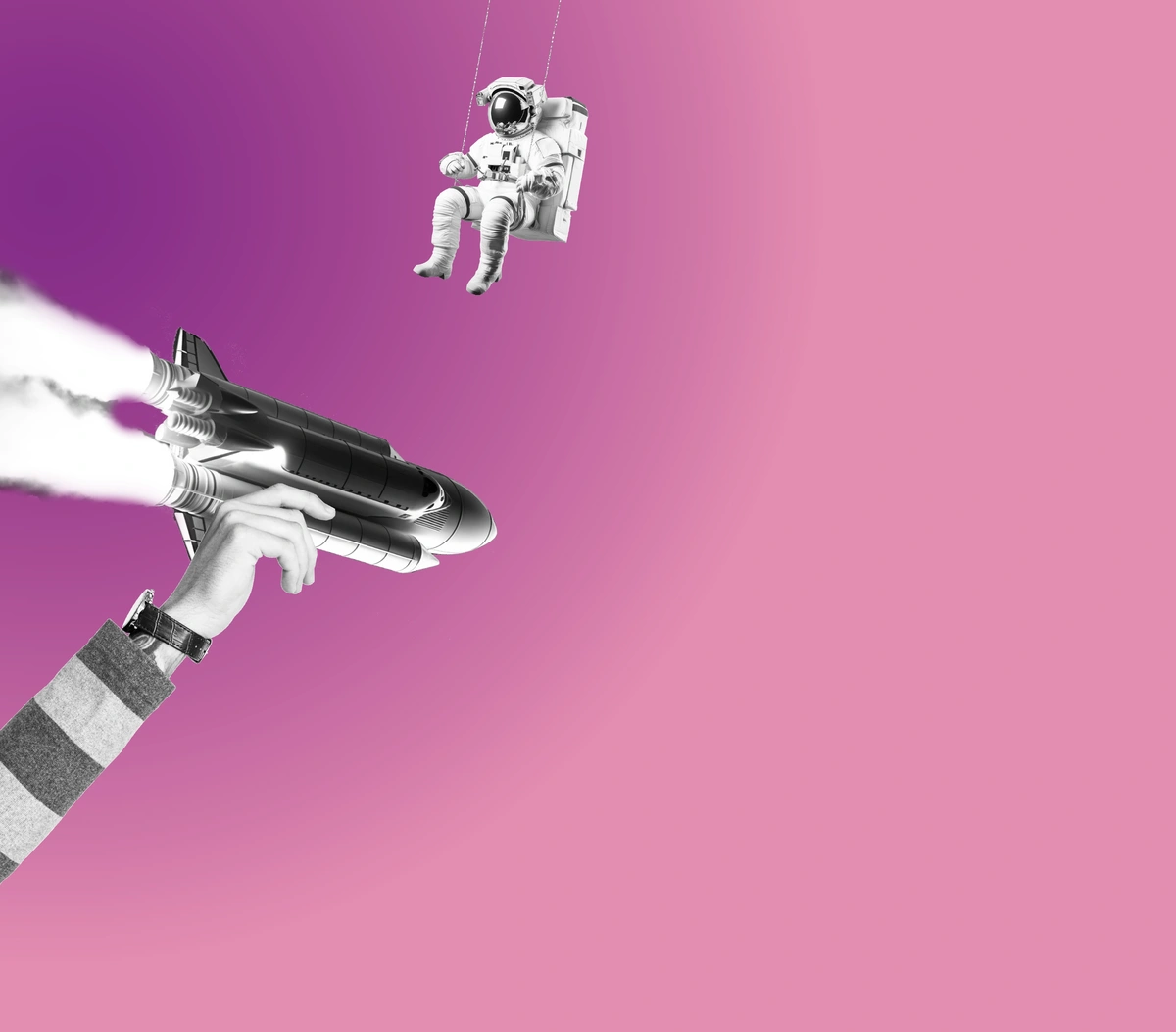 Ein Astronaut sitzt auf einer Schaukel und ein Space Shuttle wird als Papierflieger von einer Hand geworfen