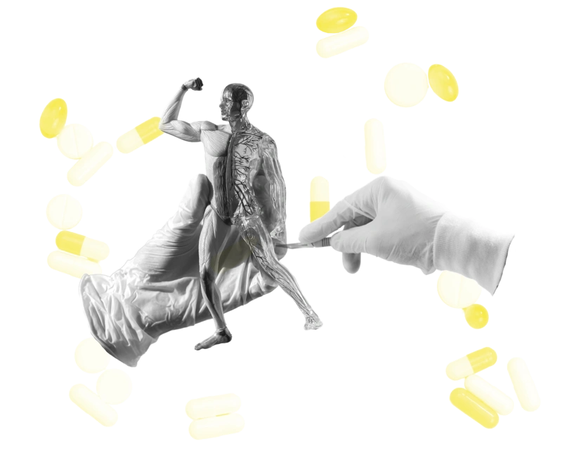 Ein teilweise transparenter menschlicher Körper, von Spritzen, Pillen und Tabletten umgeben