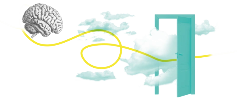 Ein Gehirn, eine Linie, Wolken, eine offene Tür