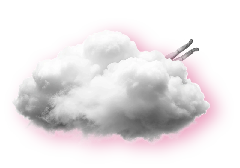 Eine Person steckt mit dem Kopf in einer dichten Wolke
