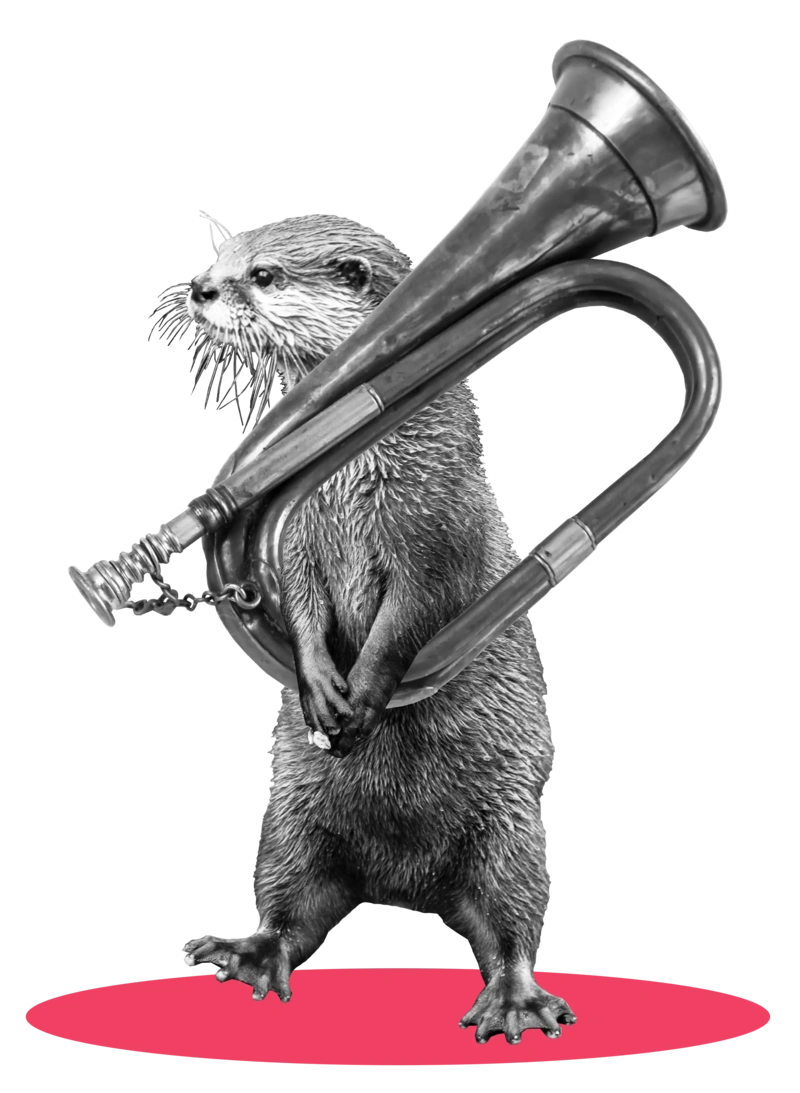 Ein Fischotter mit einem Blasinstrument