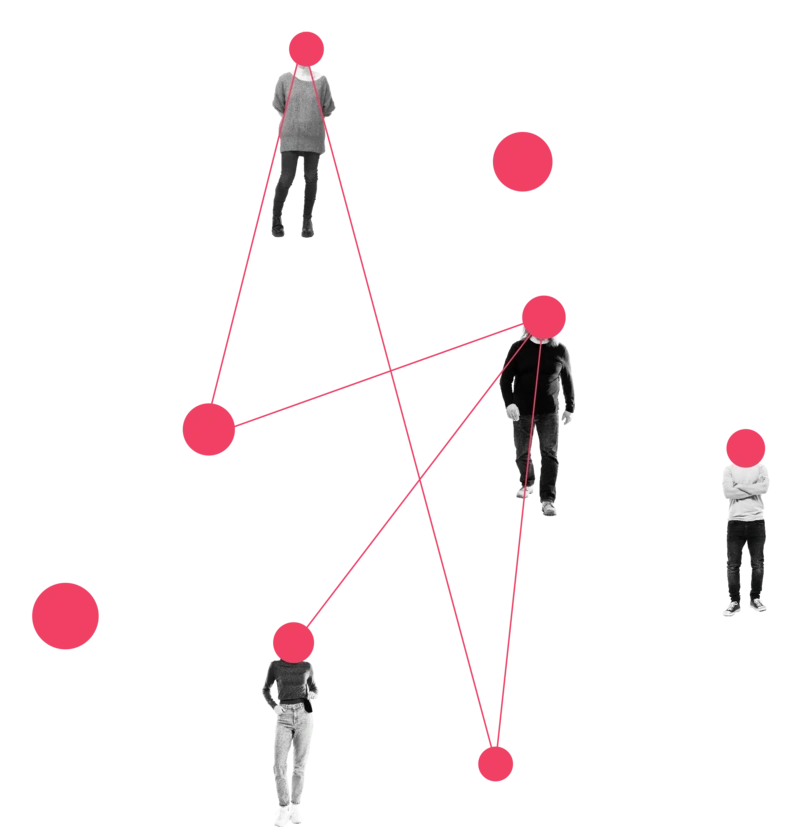Mehrere Personen, verbunden durch rote Linien und Punkte