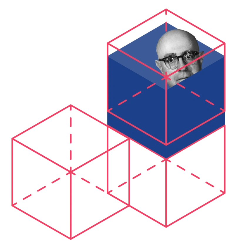 Drei Würfel, aus einem schaut Adorno hervor