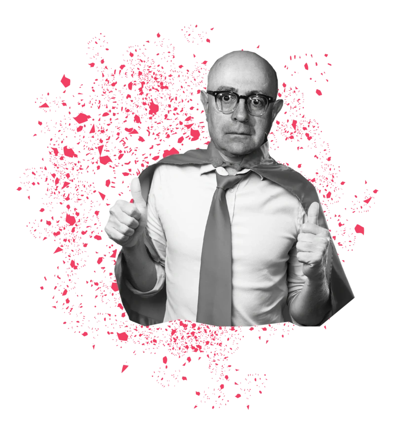 Adorno zeigt Daumen hoch vor roten Sprinkeln