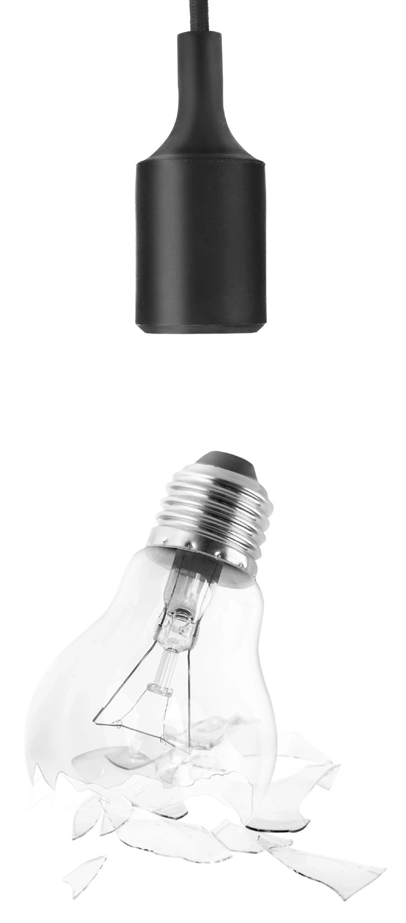 Eine Glühbirne zerspringt, weil sie aus ihrer Fassung fällt