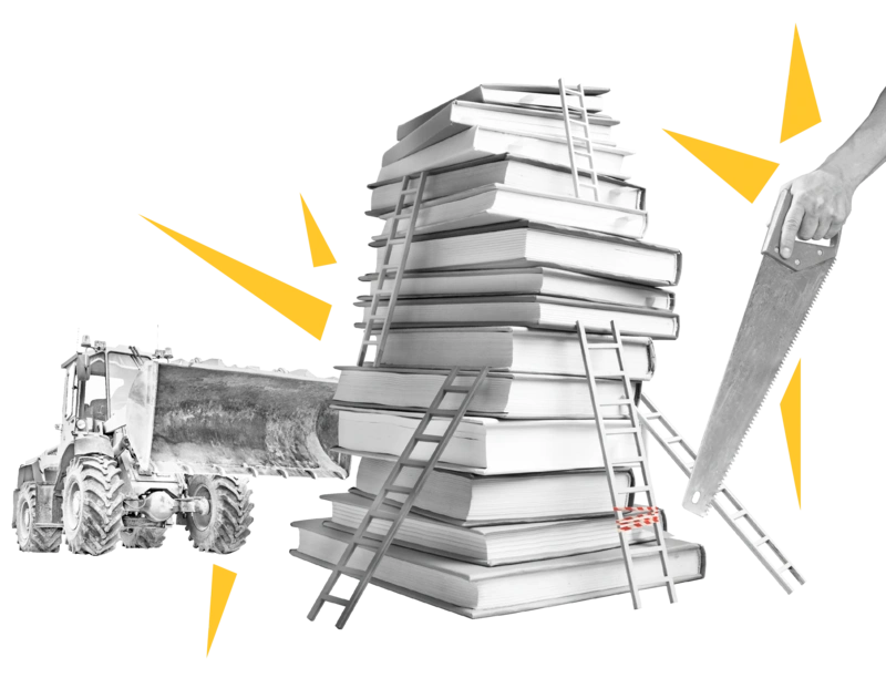 Ein Stapel Bücher mit Leitern, angegriffen von einem Bagger