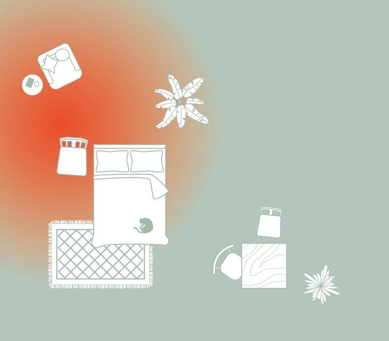 Möbel aus einem Grundriss, u.a. ein Bett, ein Tisch und zwei Stühle