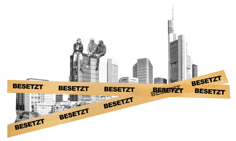 Die Frankfurter Skyline mit einem Absperrband mit Aufschrift "Besetzt"